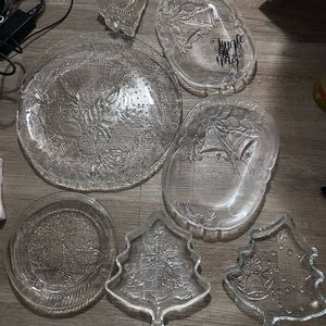 Lot Of 7 Crystal Christmas Themed Dishes / Platters